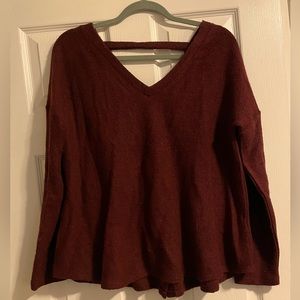 Jack by BB Dakota Wine colored swing sweater with open back & button detail